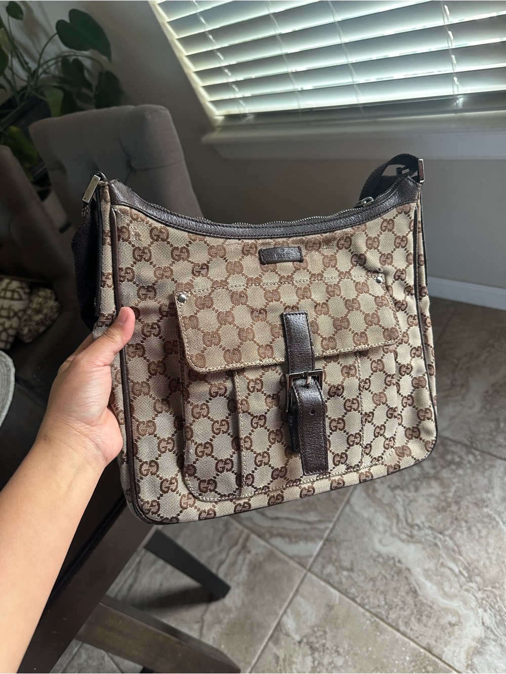 Gucci Brown Beige GG Canvas Crossbody Bag